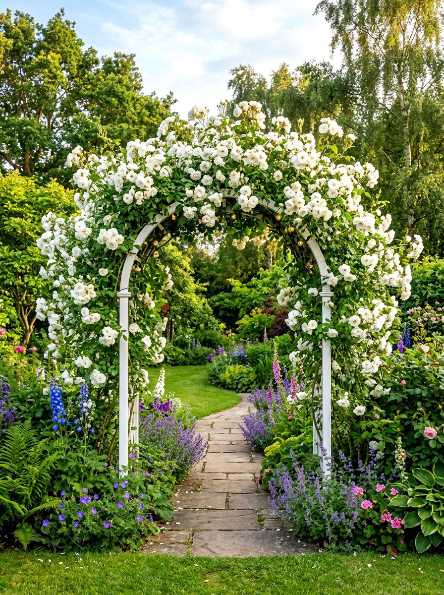 White Rose Arch - 30 white flower garden ideas