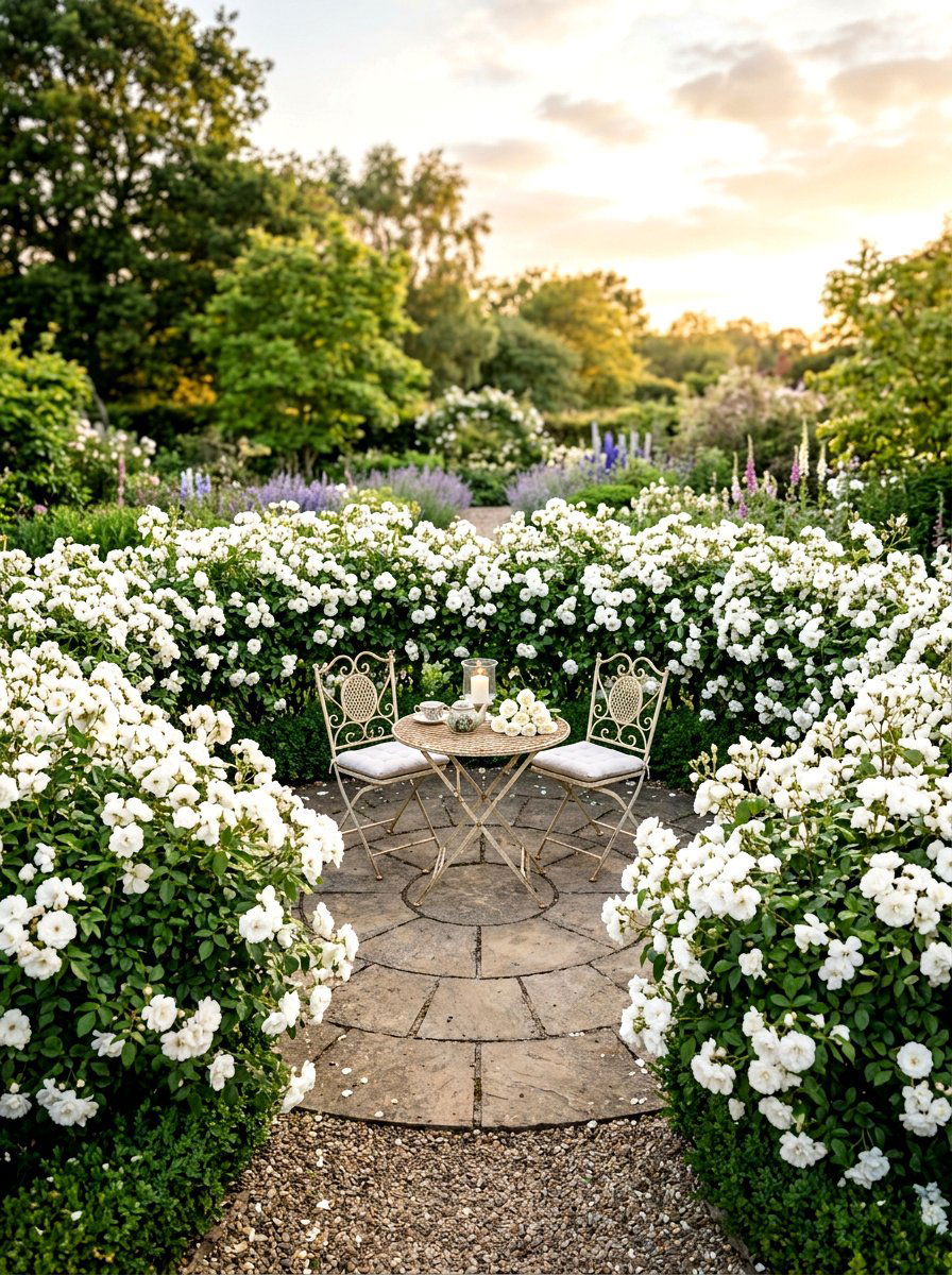 White Rose Bush Hedge - 30 moonlight white flower border ideas