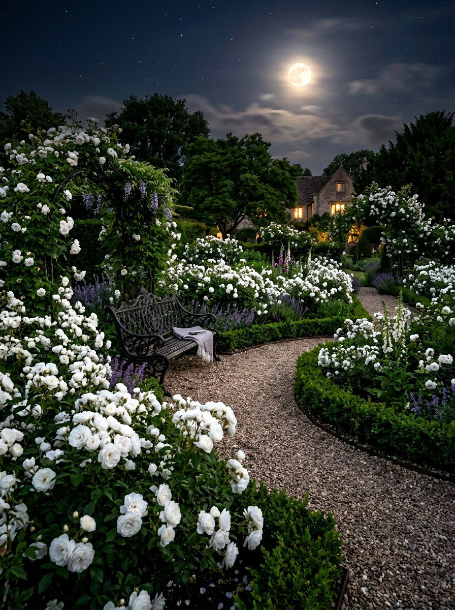 White Rose Garden - 30 moonlight patio garden ideas
