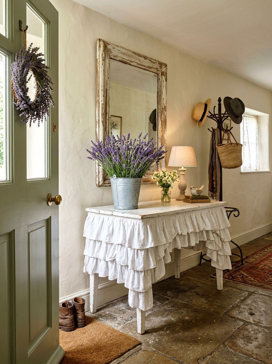 White Ruffled Foyer Table - 30 skirted foyer table ideas