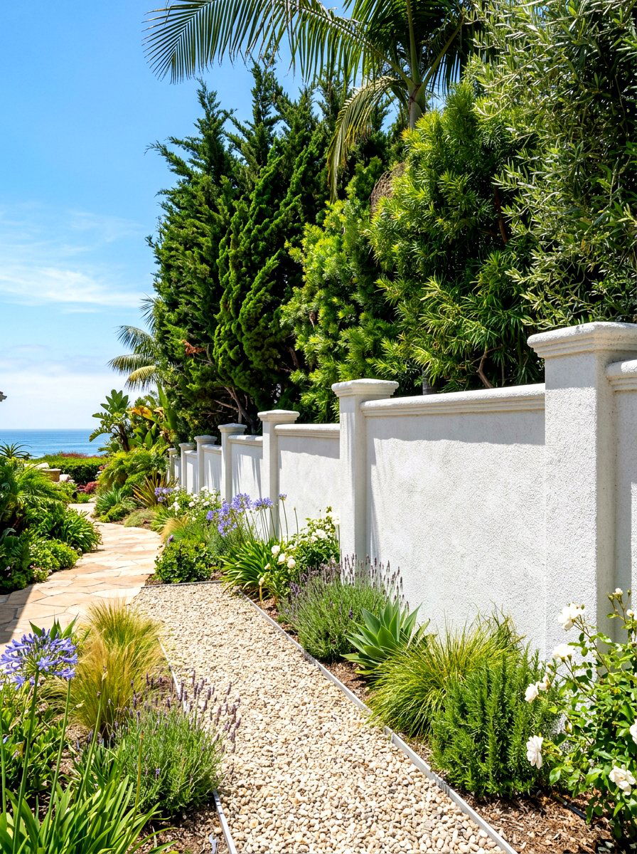 White Sand Stucco Boundary Fence - 30 textured stucco backyard ideas