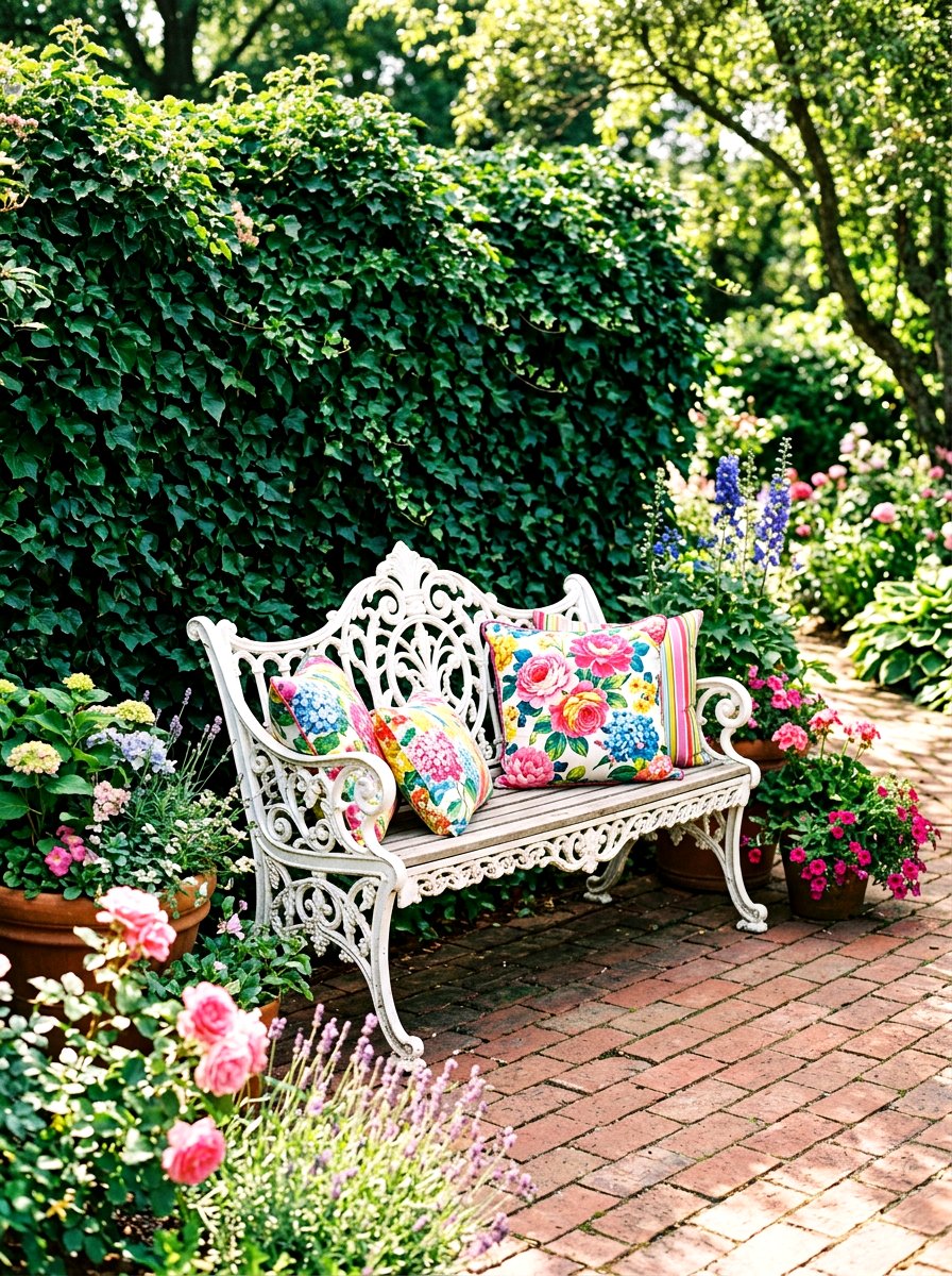 White Scrollwork Garden Settee - 30 vintage iron patio furniture ideas