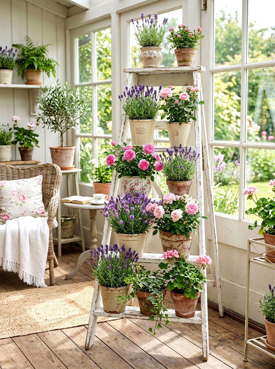 White Shabby Chic Plant Ladder - 30 ladder planter ideas