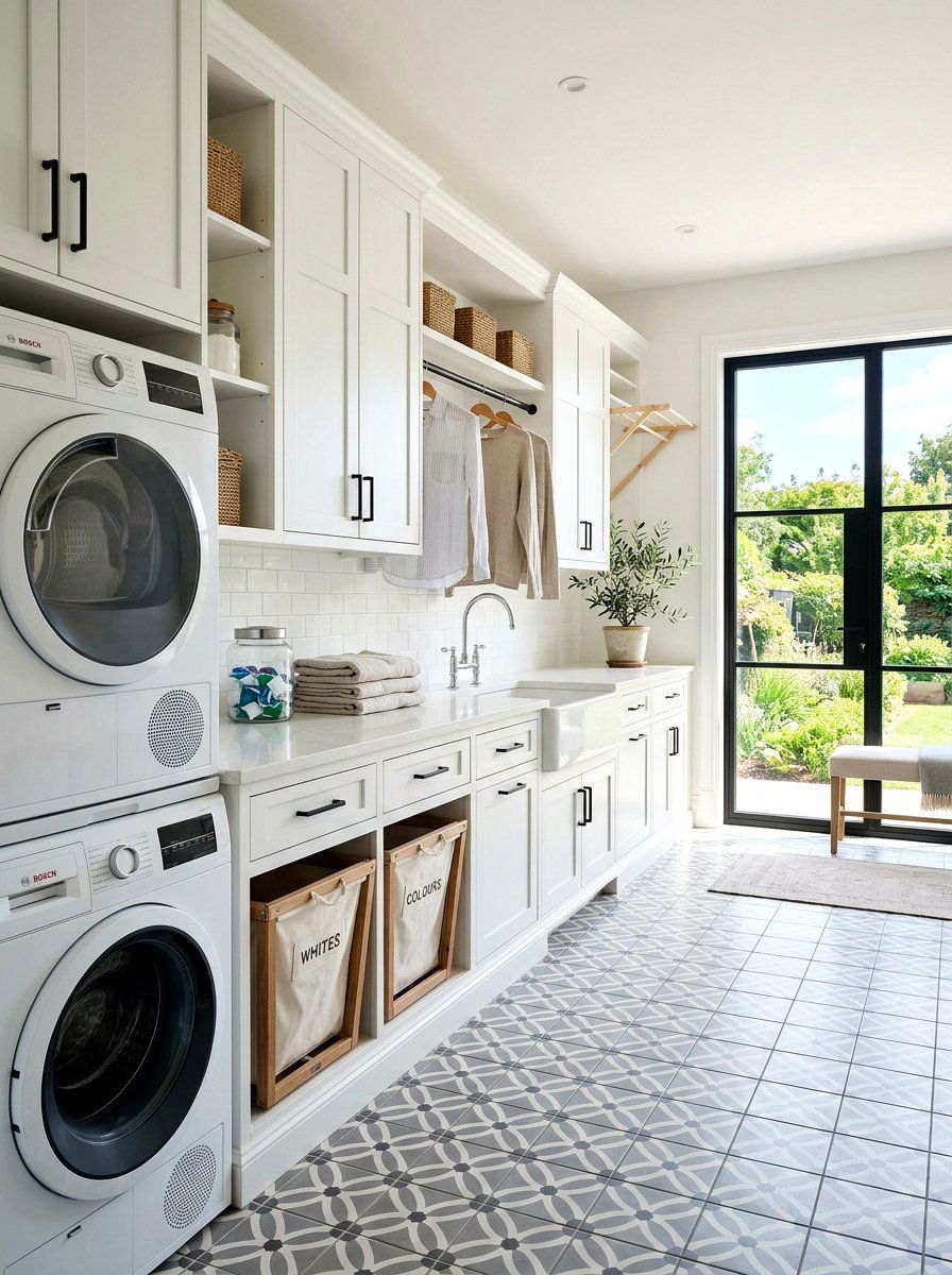 White Shaker Cabinetry - 30 laundry sorting station ideas