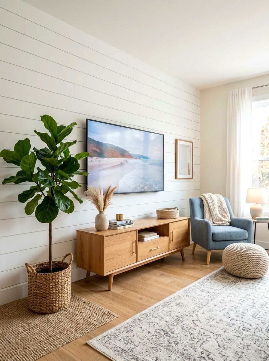White Shiplap Accent Wall - 30 rustic farmhouse living room ideas