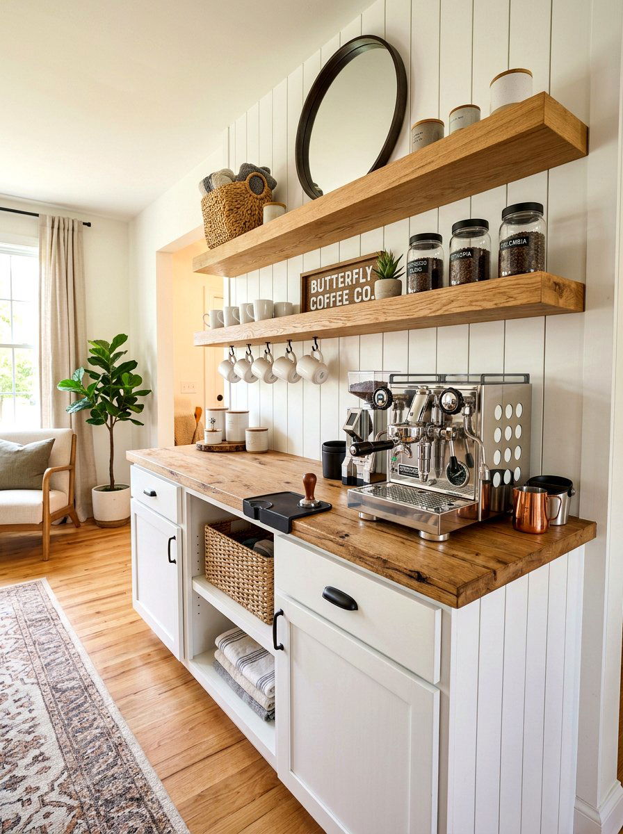 White Shiplap Coffee Bar - 30 coffeehouse kitchen corner ideas