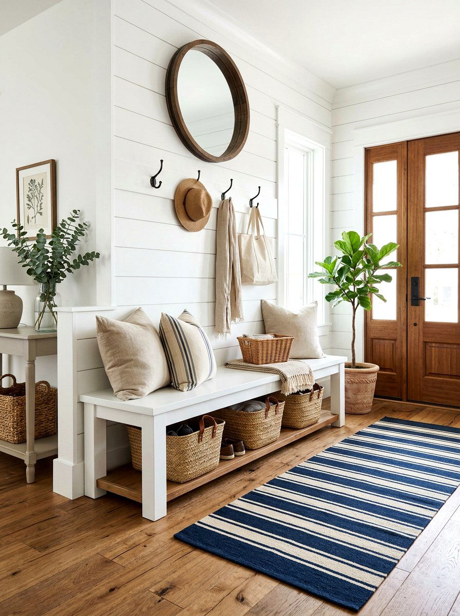 White Shiplap Entryway Bench - 30 farmhouse entryway bench ideas