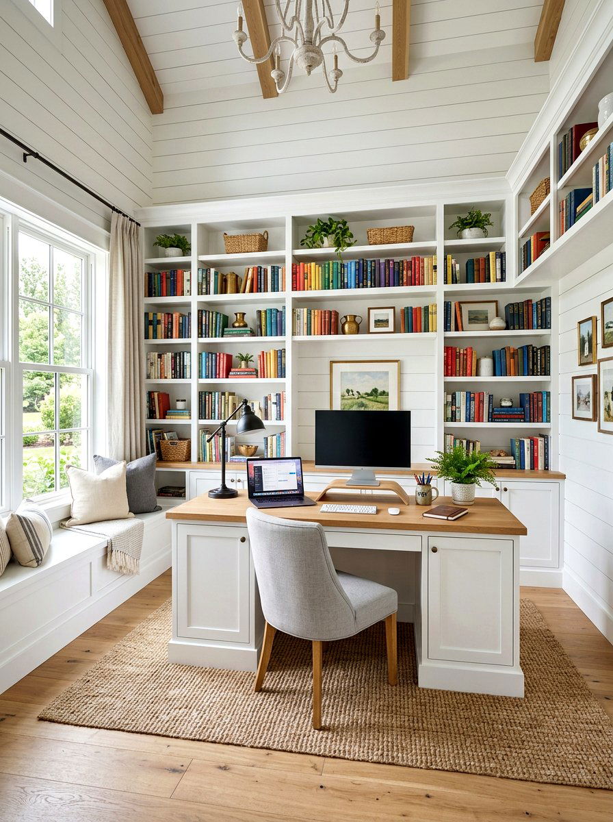 White Shiplap Library Office - 30 office library combo ideas