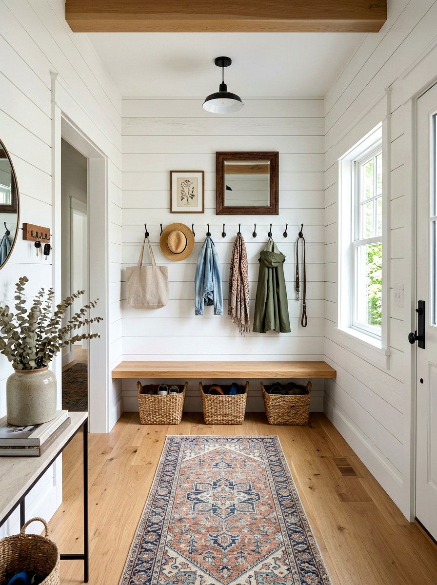 White Shiplap Mudroom - 30 farmhouse mudroom ideas