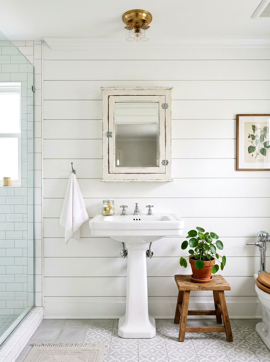 White Shiplap Wall - 30 farmhouse bathroom ideas