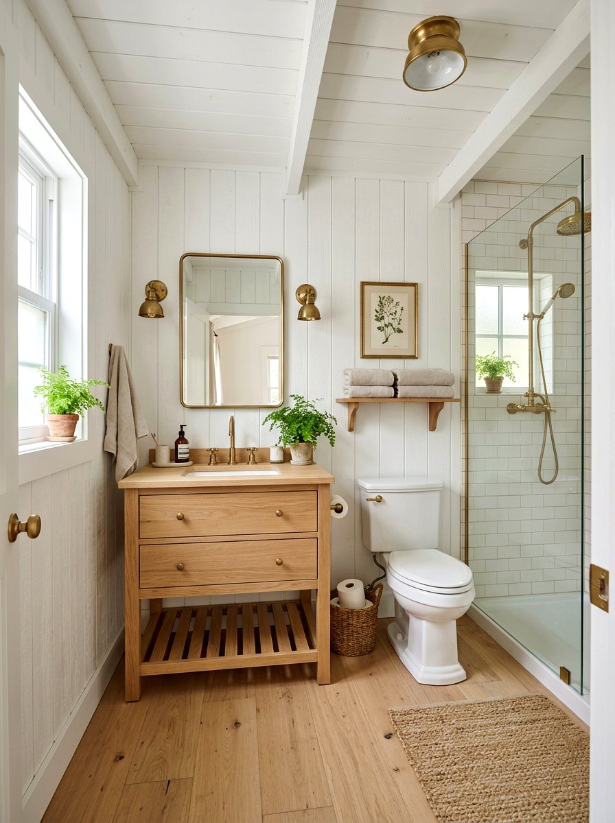 White Shiplap Wall - 30 small cottage bathroom ideas