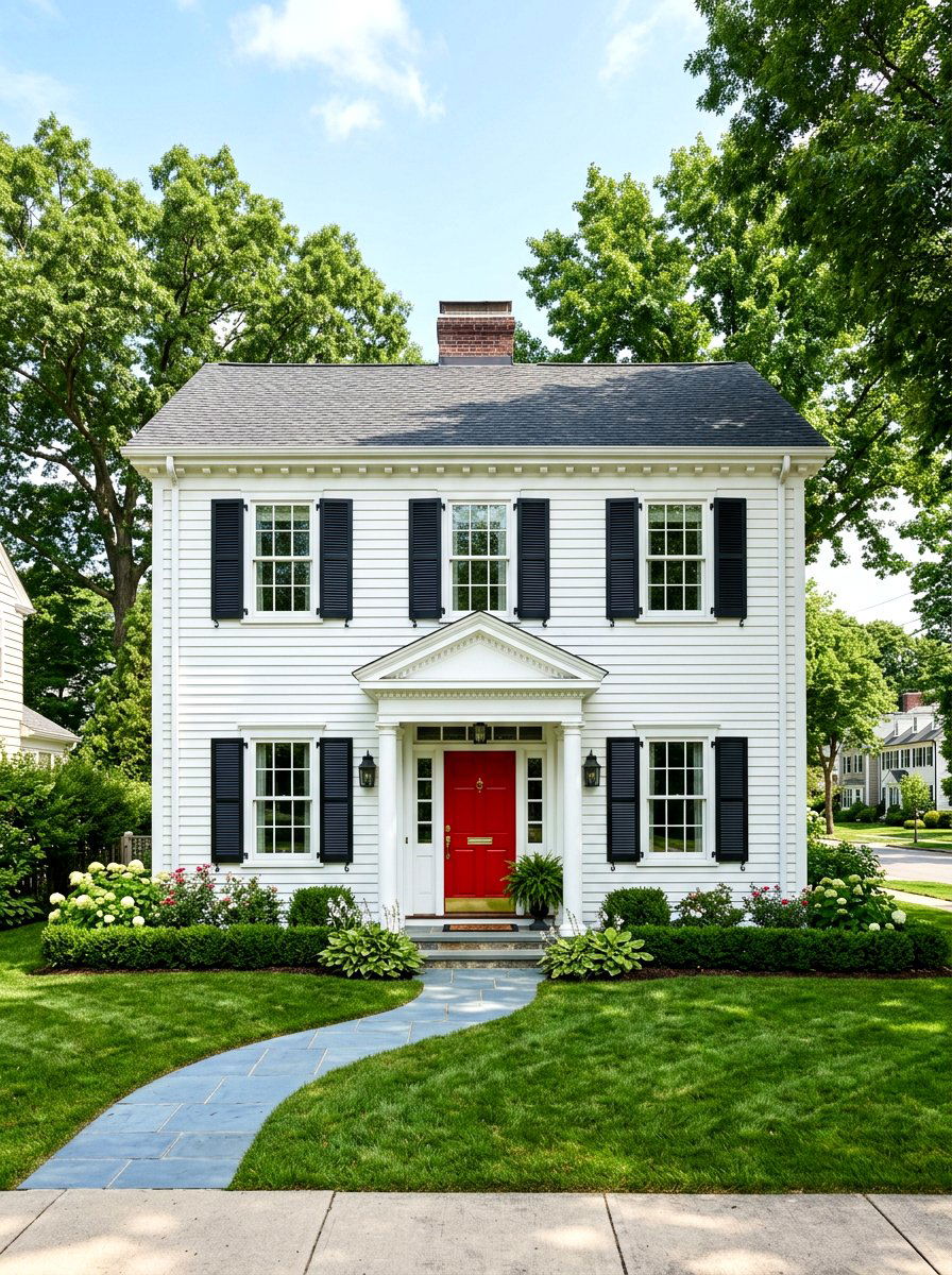 White Siding Black Shutters - 30 colonial house exterior ideas
