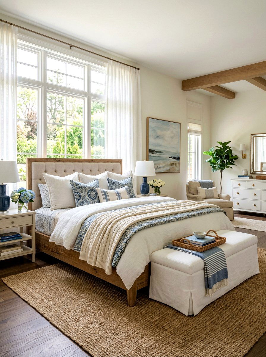 White Slipcovered Bench - 30 coastal grandmother bedroom ideas