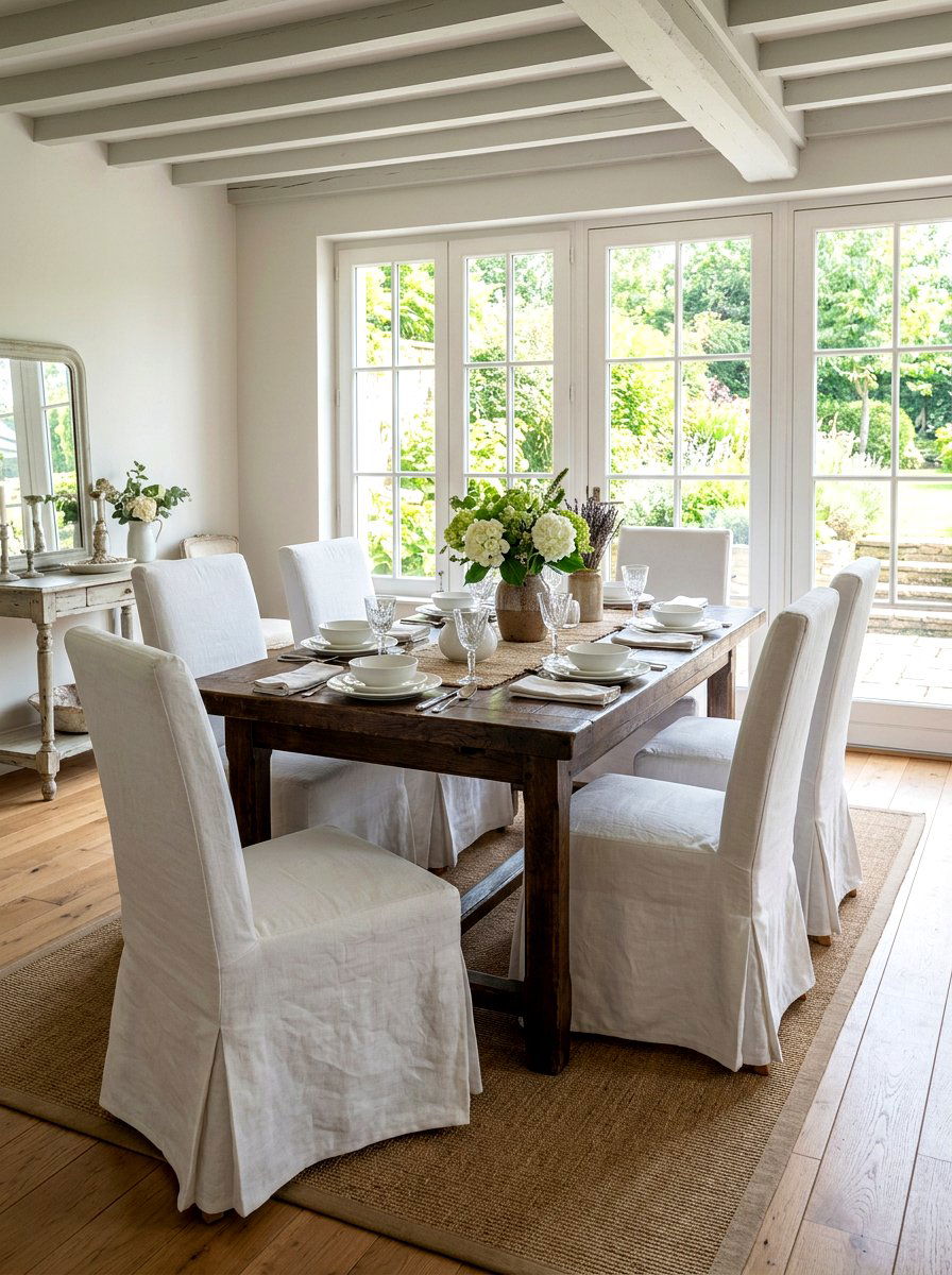 White Slipcovered Chairs - 30 rustic dining room ideas