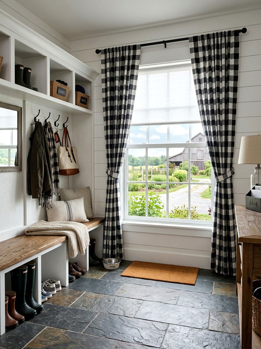 White Solar Shade With Buffalo Check Curtains - 30 blind and curtain combo ideas