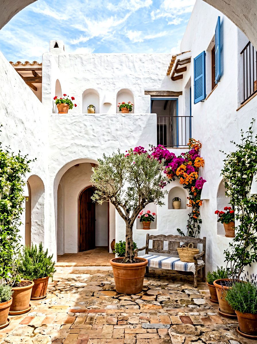 White Stucco Courtyard - 30 Mediterranean backyard ideas