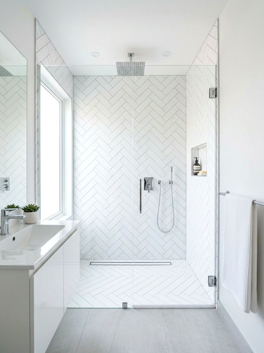 White Subway Herringbone Shower - 30 herringbone shower tile ideas