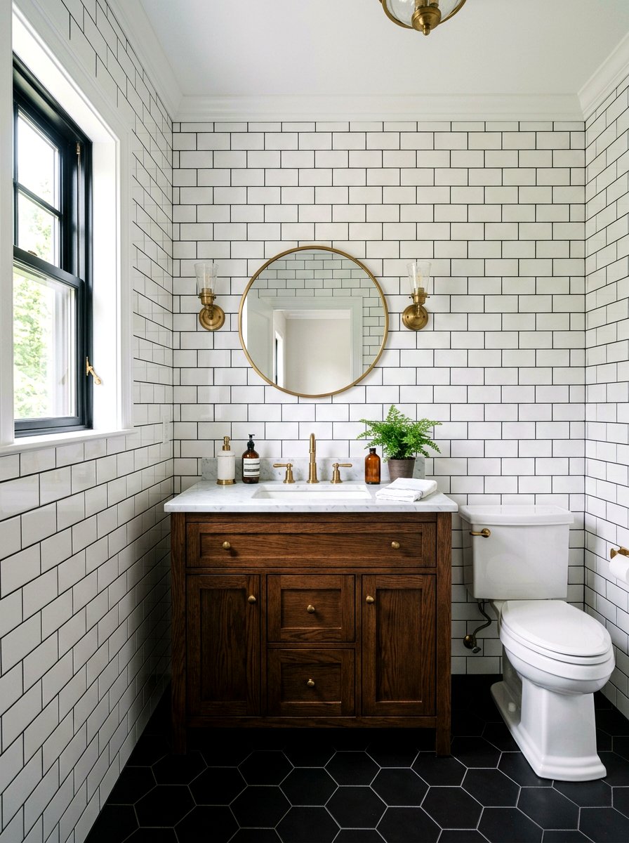White Subway Tile With Dark Grout - 30 vintage powder room ideas