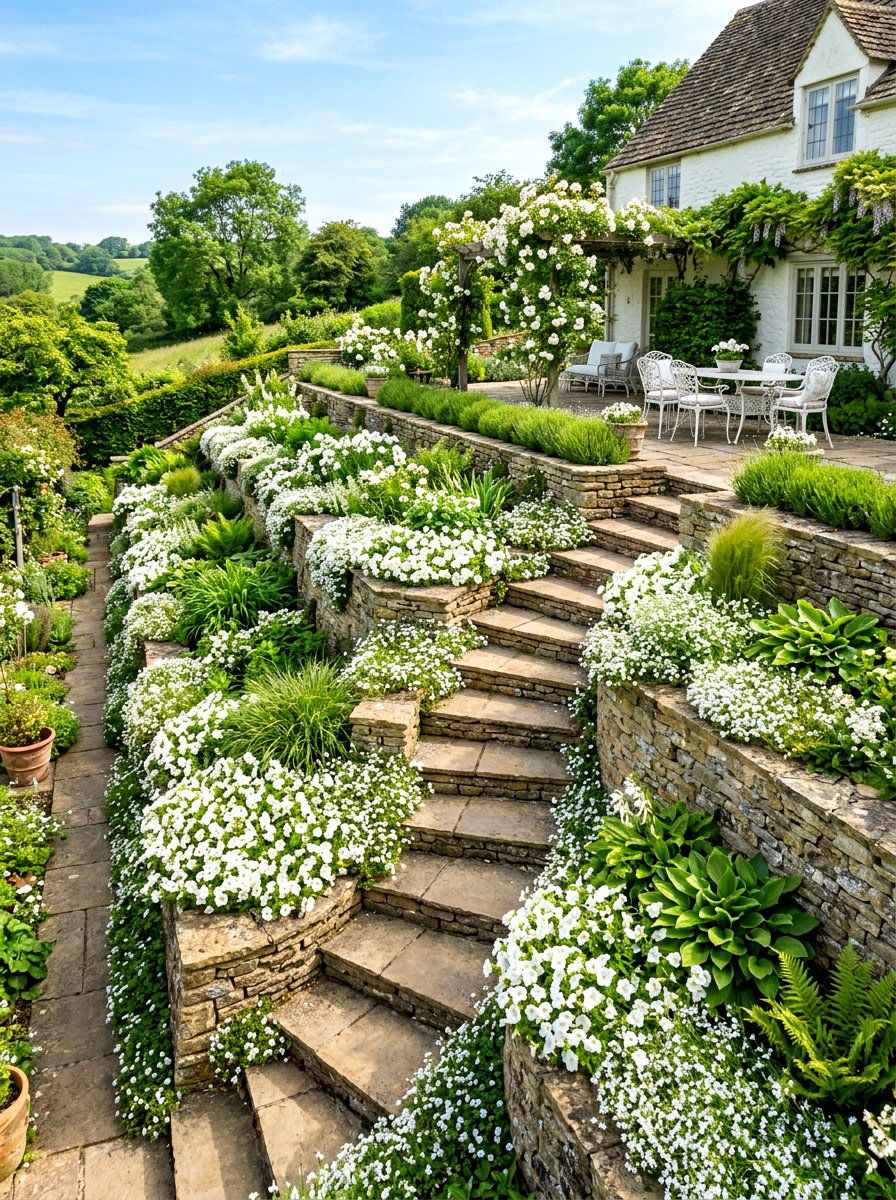 White Terrace Garden - 30 white flower garden ideas