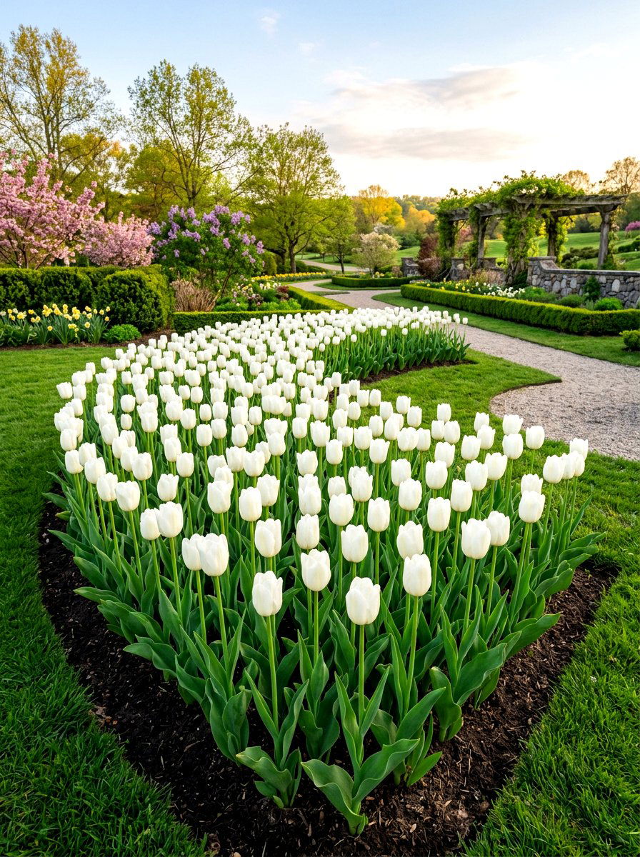 White Tulip Flower Bed - 30 moonlight white flower border ideas