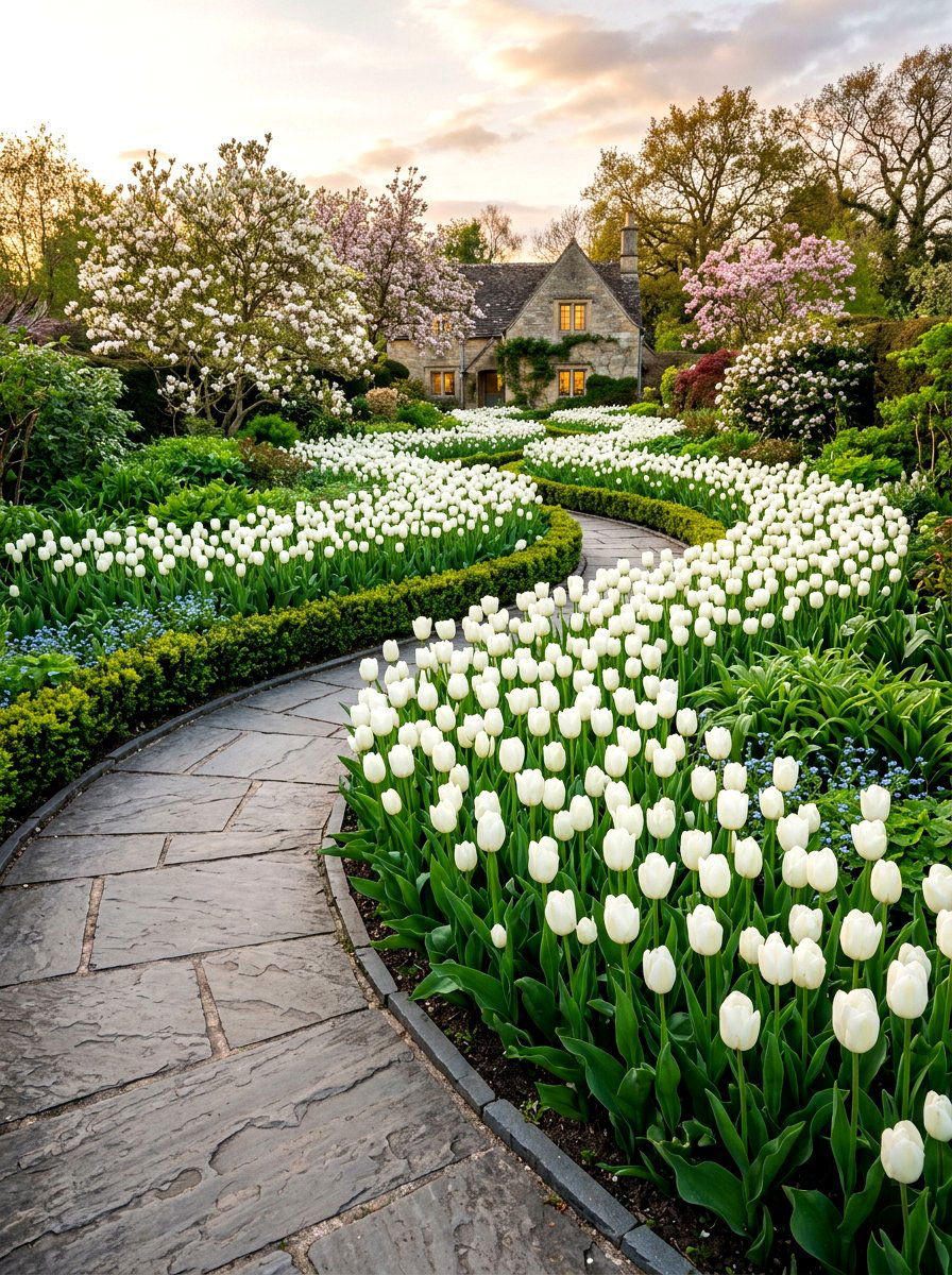 White Tulip Garden - 30 moonlight patio garden ideas