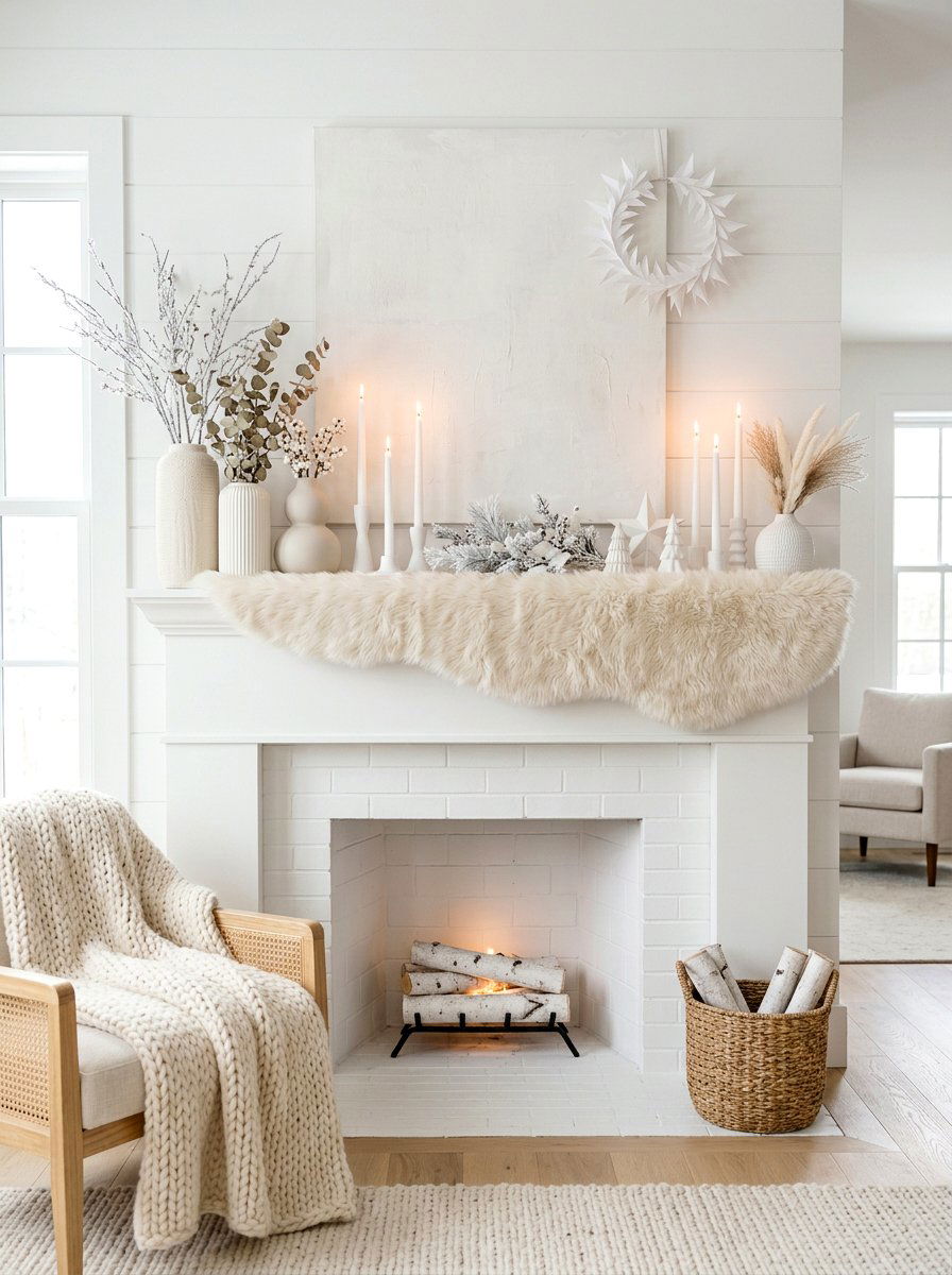 White Winter Mantel - 30 winter mantel decor ideas