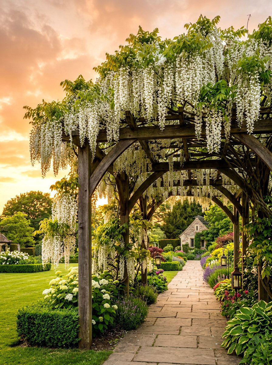 White Wisteria Garden Trellis - 30 moonlight white flower border ideas