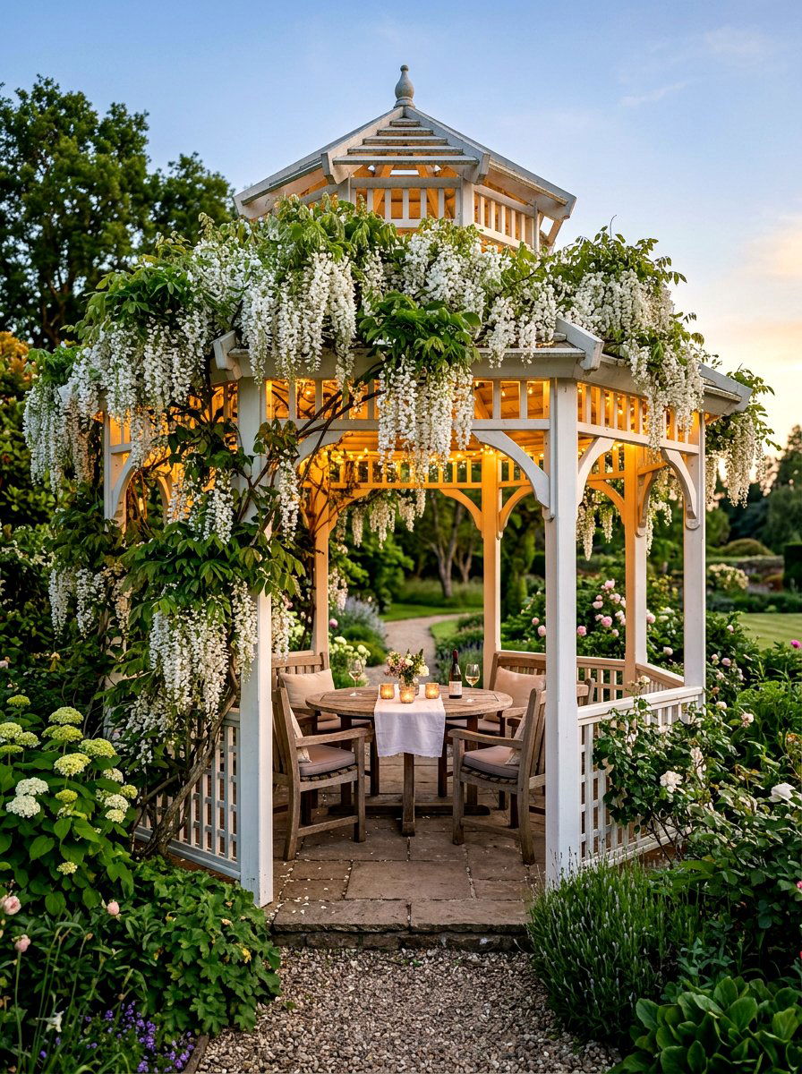 White Wisteria Gazebo - 30 moonlight patio garden ideas