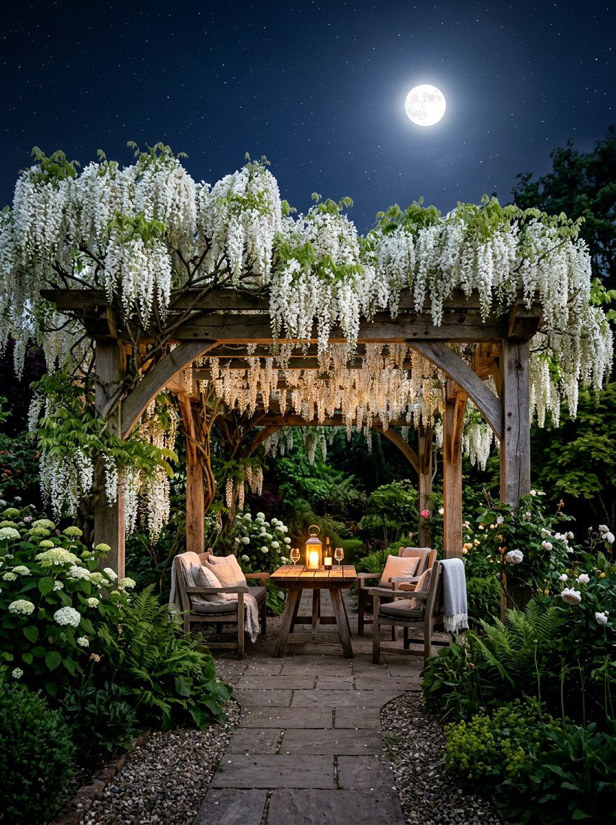 White Wisteria Pergola - 30 moon garden backyard ideas