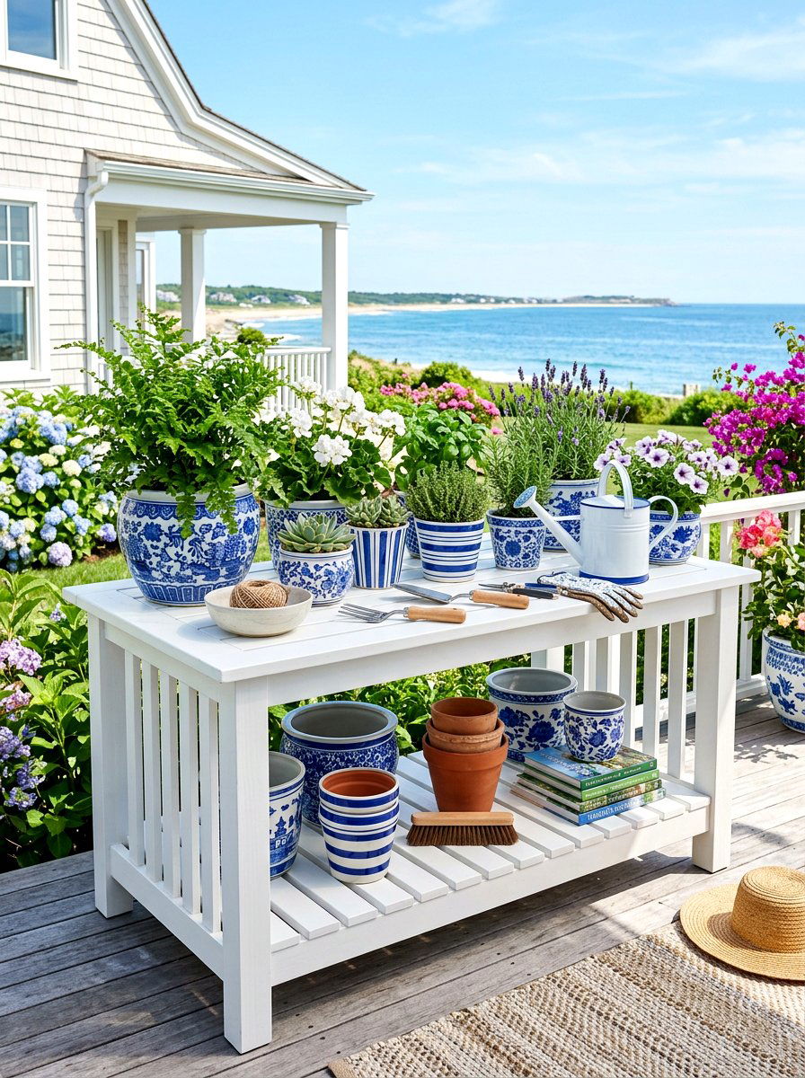 White Wood Potting Table - 30 outdoor potting station ideas