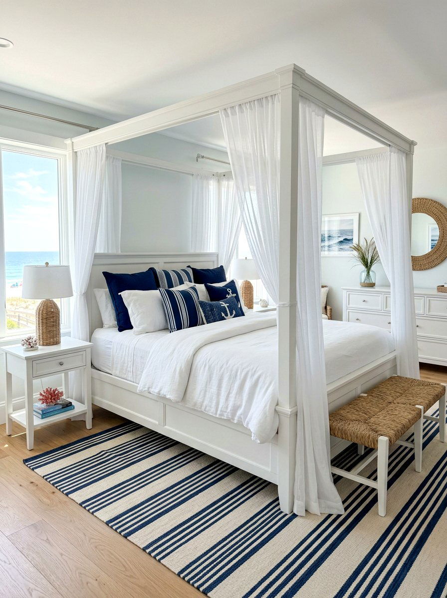 White Wooden Coastal Canopy Bed - 30 four poster bed ideas