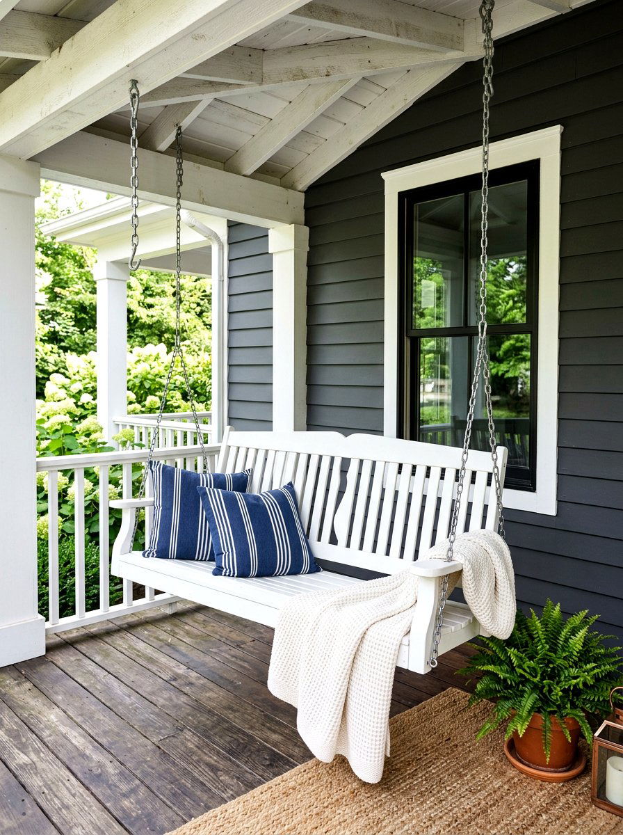 White Wooden Porch Swing - 30 farmhouse porch swing ideas
