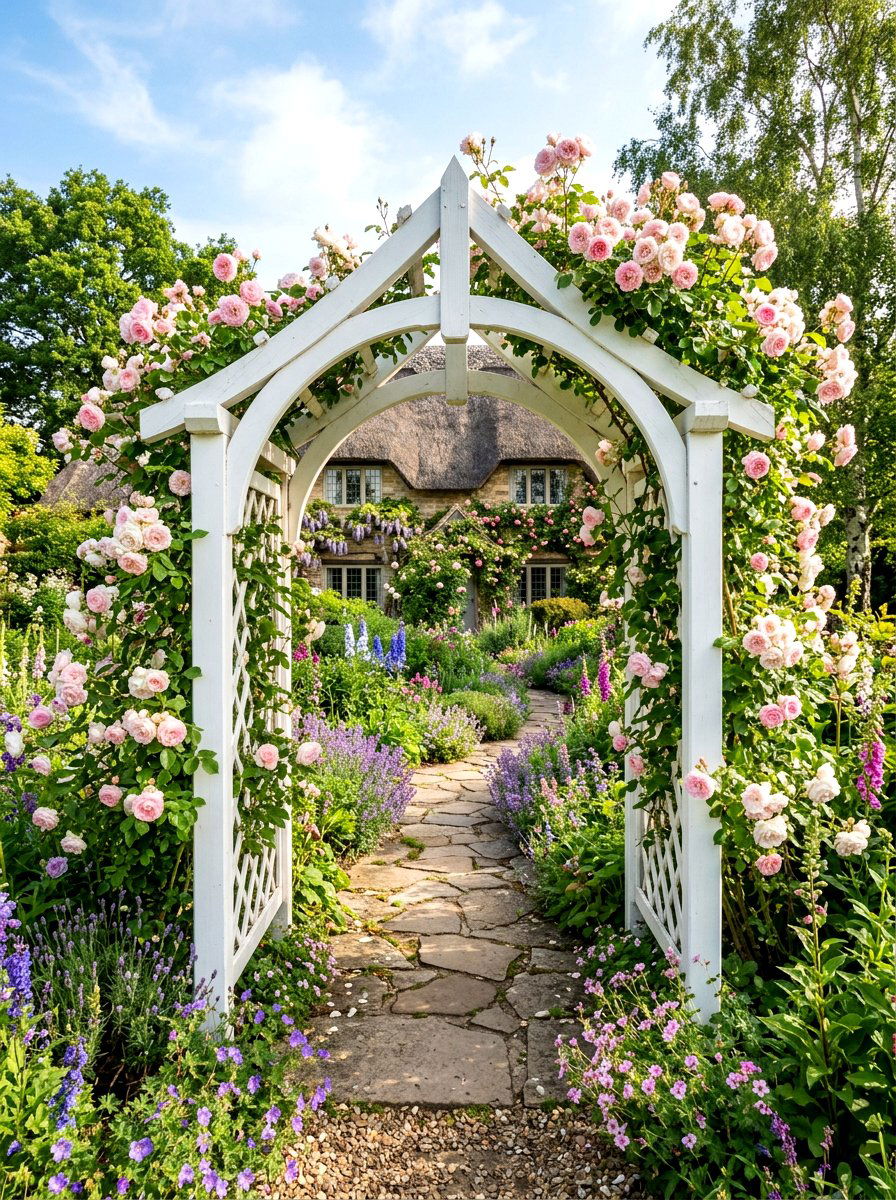 White Wooden Rose Arbor - 30 cottage rose arbor ideas