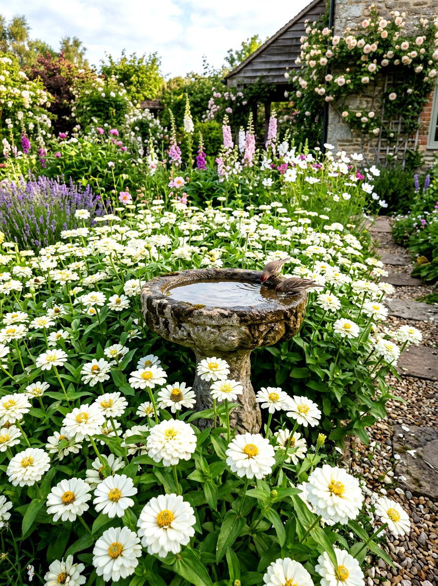 White Zinnia Cottage Garden - 30 zinnia border ideas