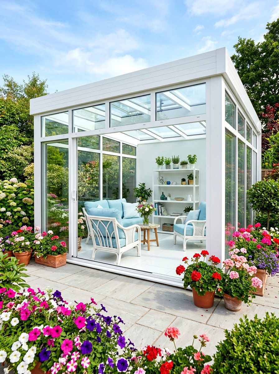 White aluminum garden room - 30 attached greenhouse porch ideas