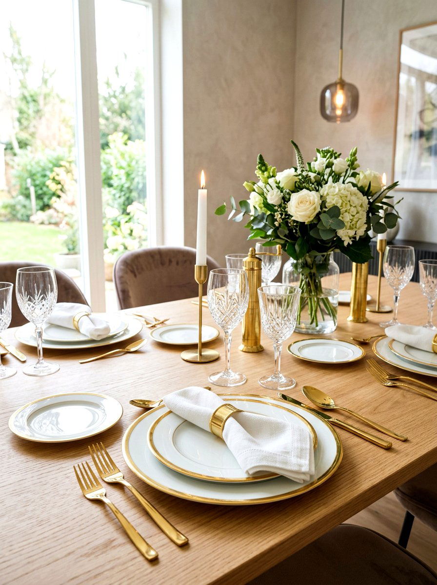 White and gold dinnerware - 30 New Year table decor ideas