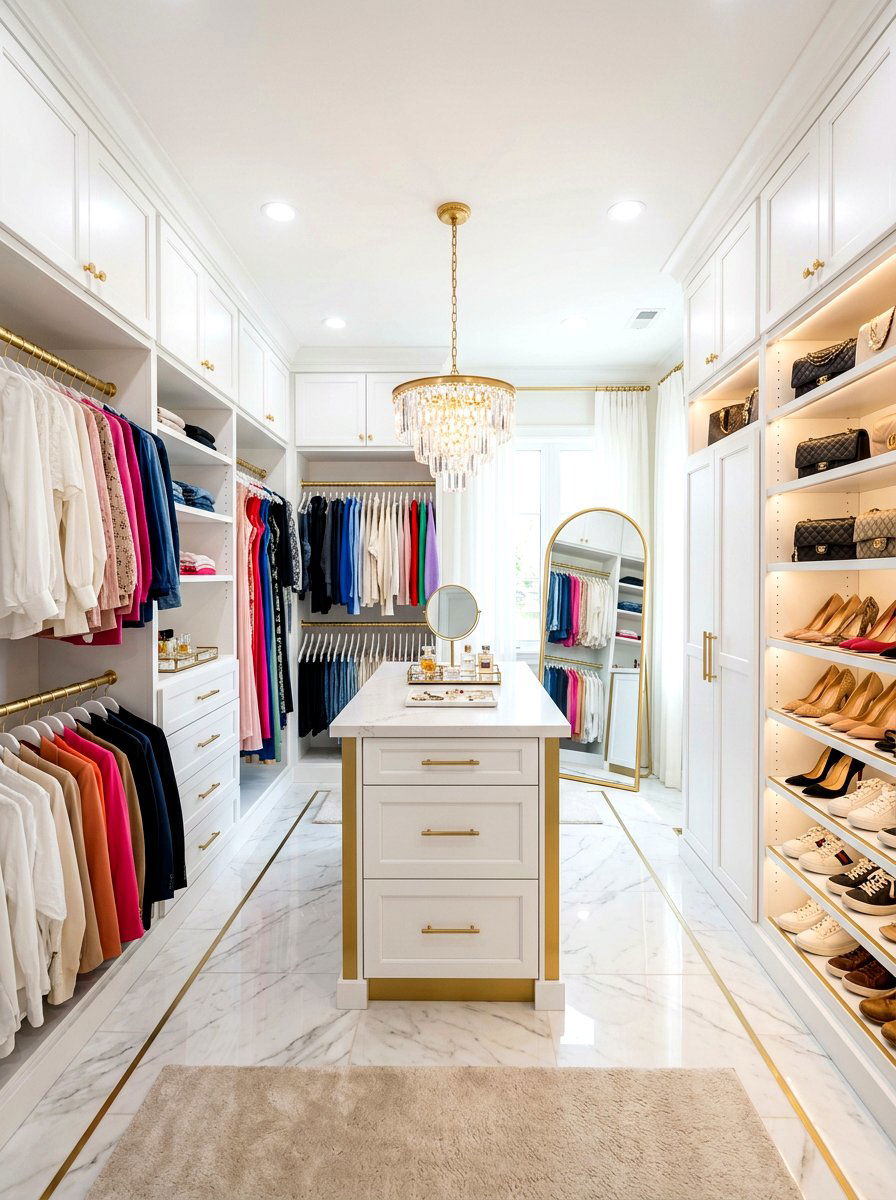 White and gold walk in closet - 30 glam closet ideas
