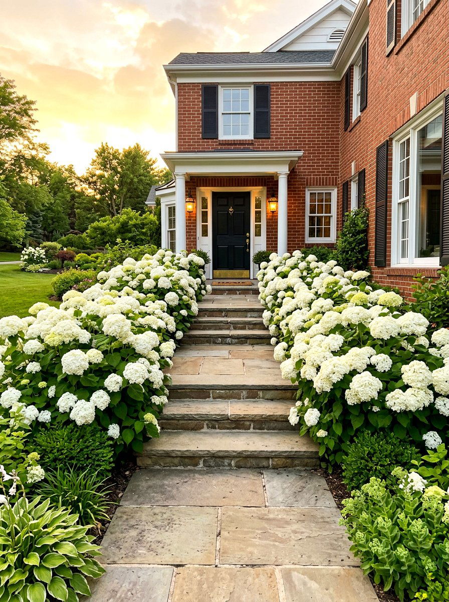 White annabelle hydrangea front steps - 30 hydrangea heavy front porch ideas