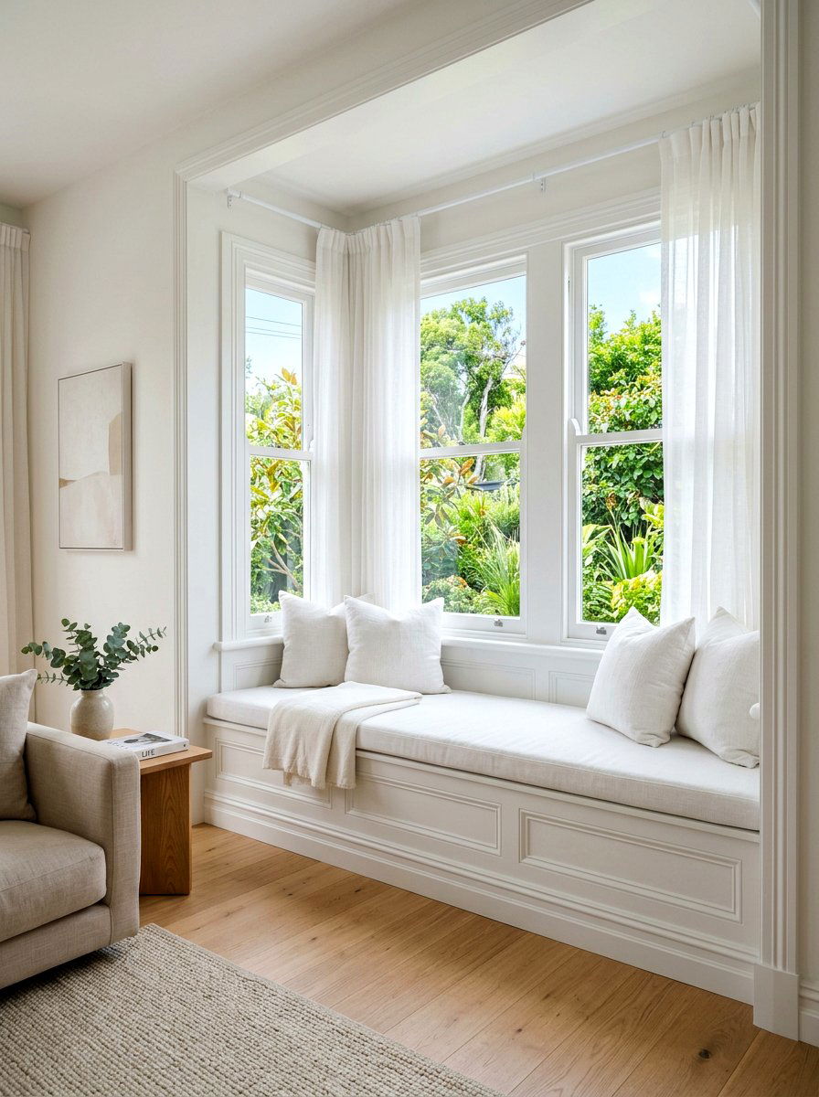 White bay window bench - 30 bay window seating living room ideas
