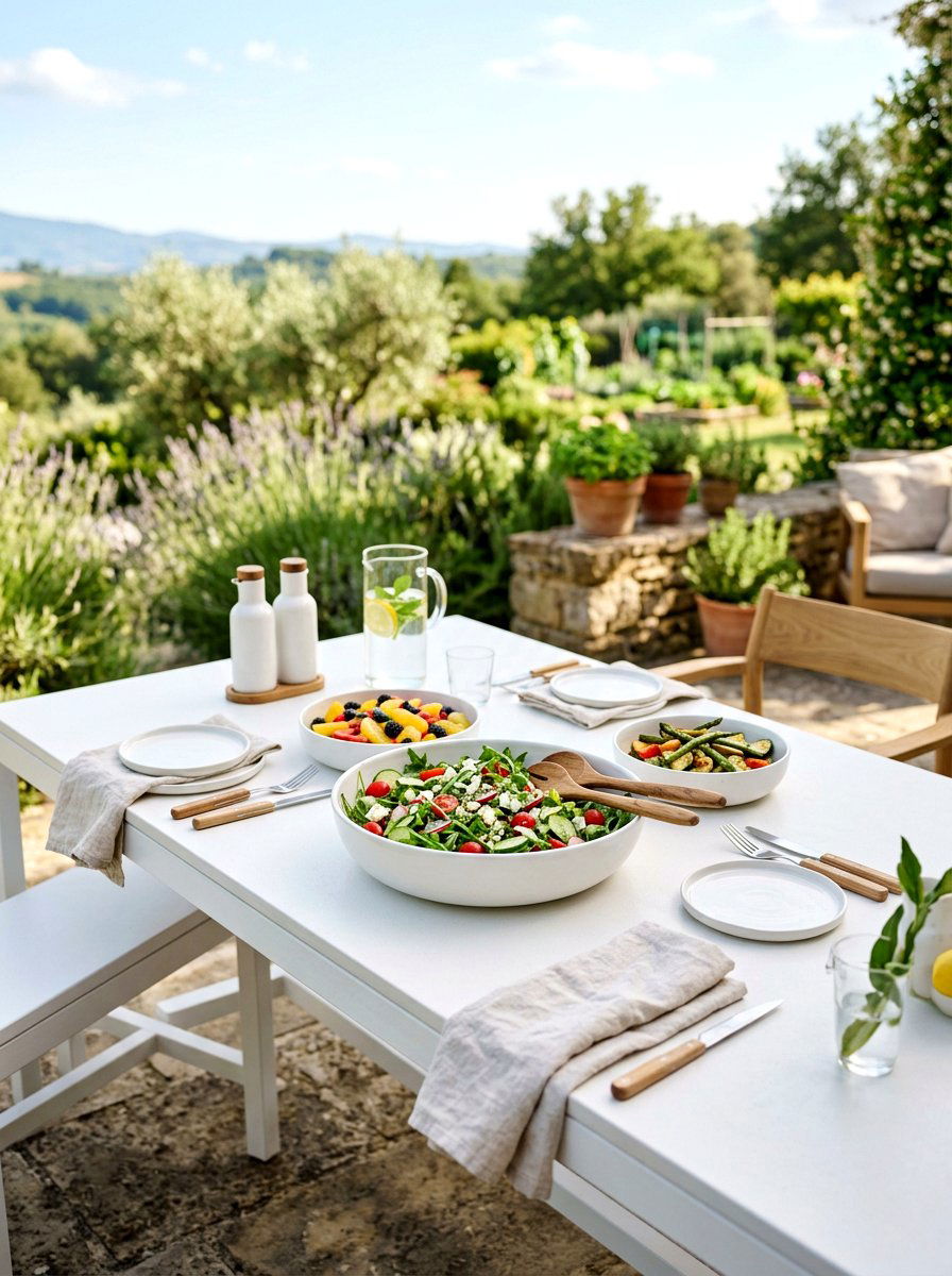 White ceramic minimalist salad table - 30 garden salad tablescape ideas