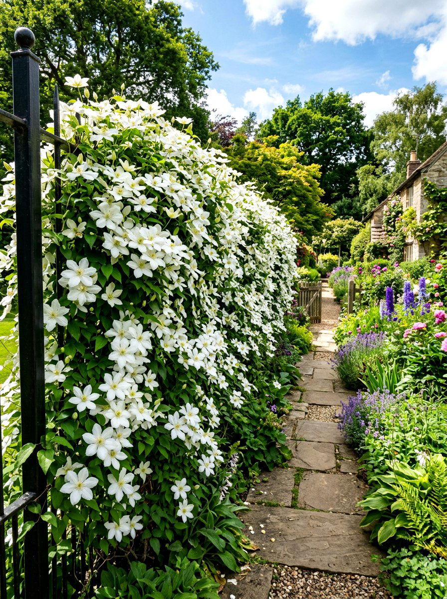 White clematis fence border - 30 white garden border ideas