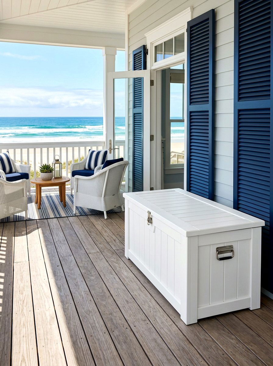 White coastal deck box - 30 deck box ideas