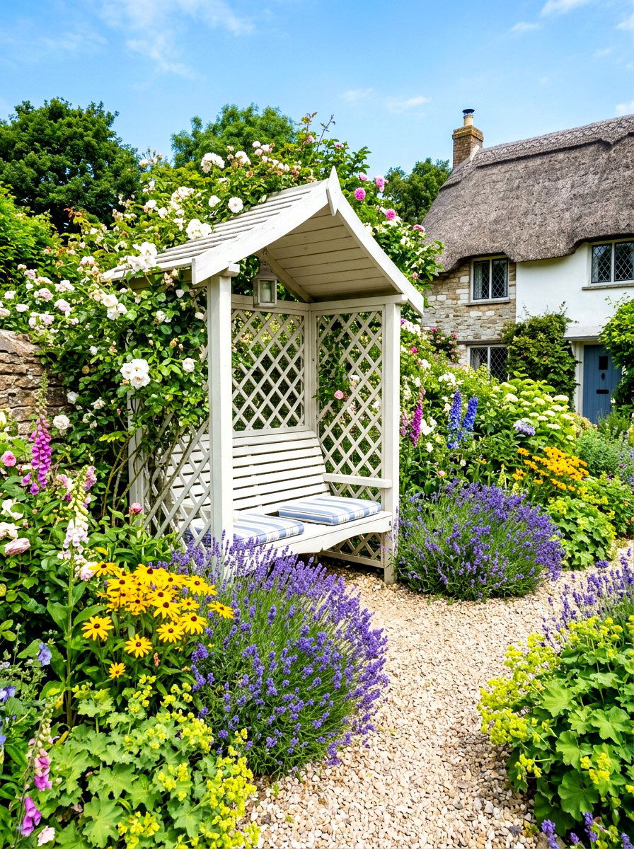 White cottage arbor seat - 30 garden arbor seating ideas