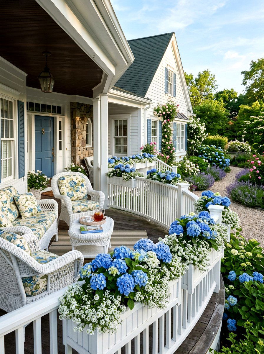 White cottage deck boxes - 30 deck planter ideas