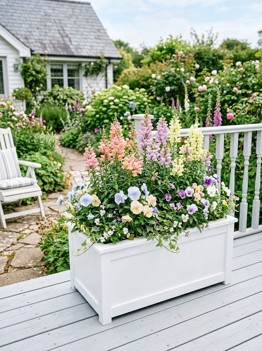 White cottage deck planter - 30 railing planter ideas