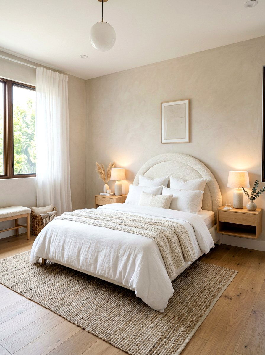 White curved boucle headboard - 30 boucle headboard ideas