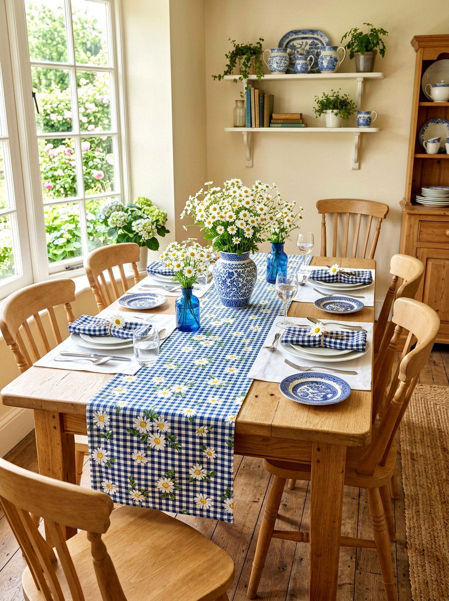 White daisy and gingham table runner - 30 floral table runner ideas