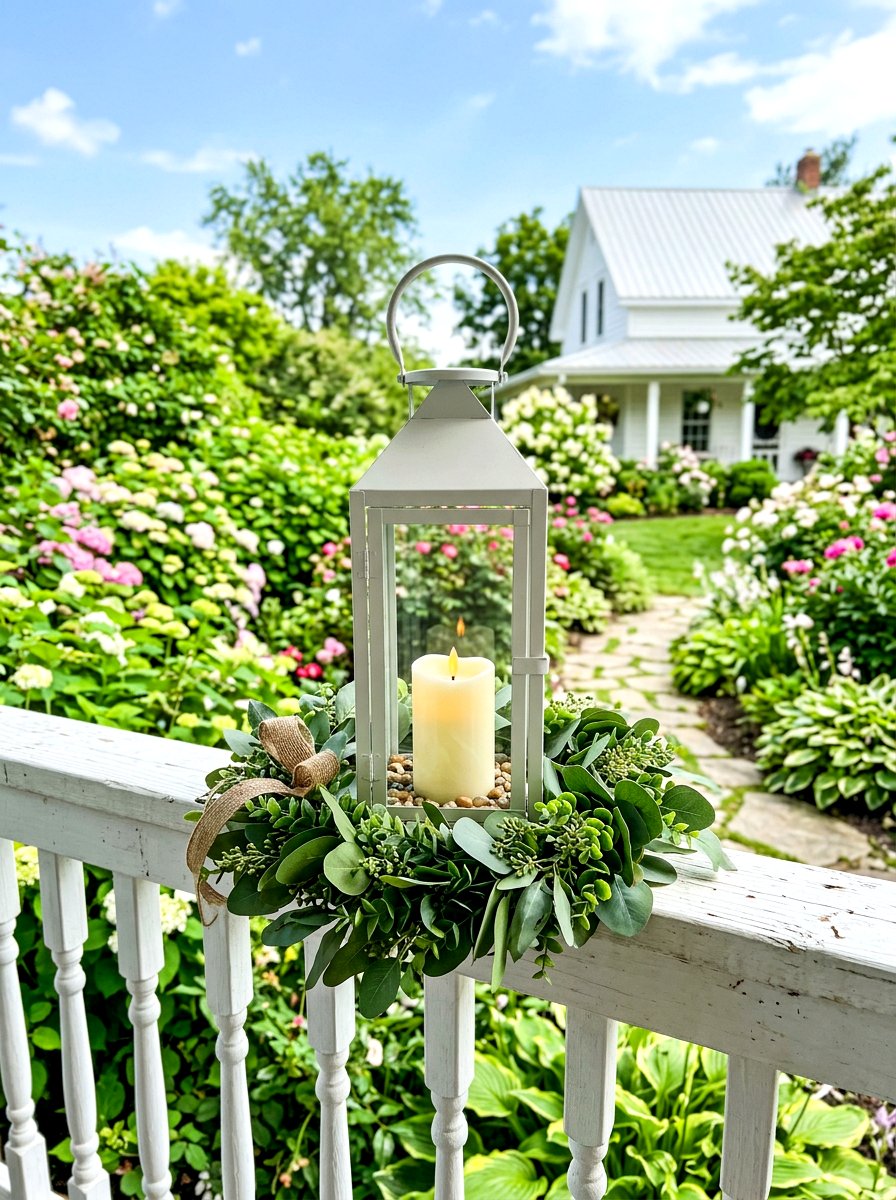 White farmhouse lantern with greenery - 30 porch lantern styling ideas