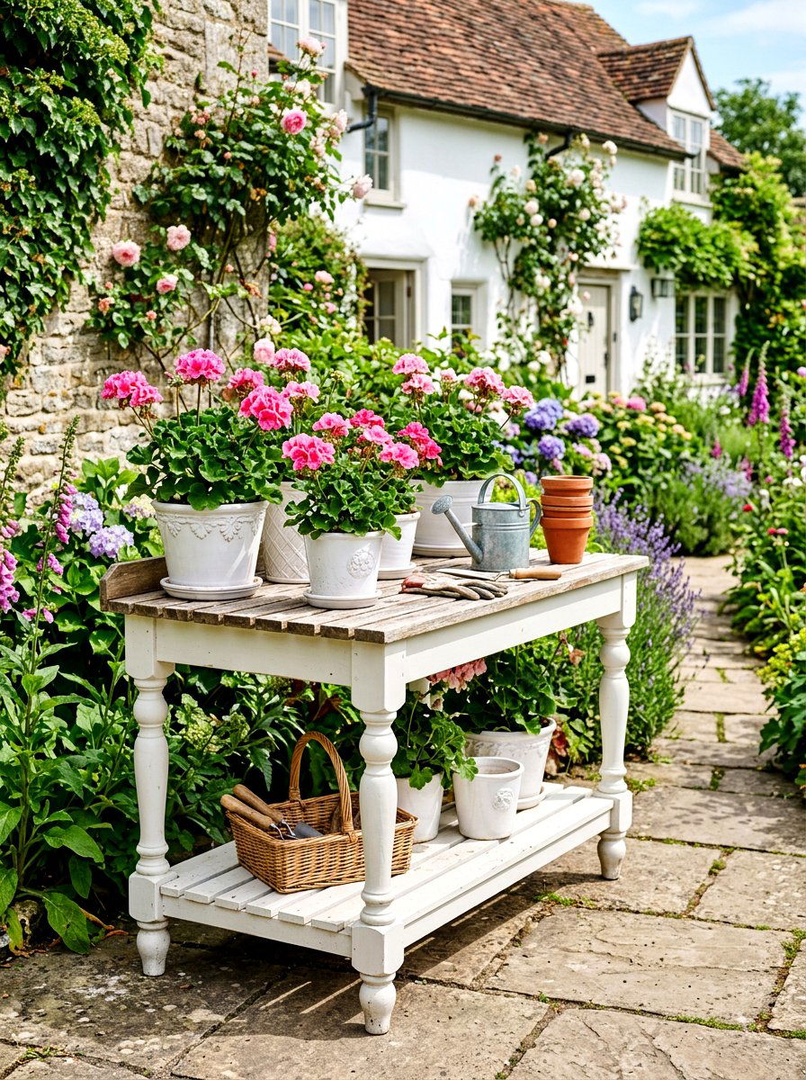White farmhouse potting table - 30 potting table greenhouse ideas
