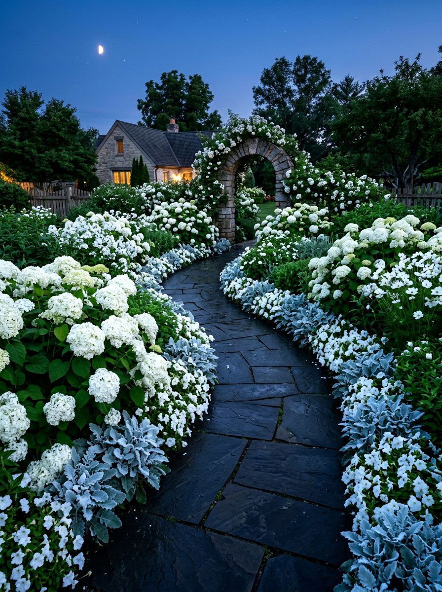 White flower garden - 30 front path flower bed ideas